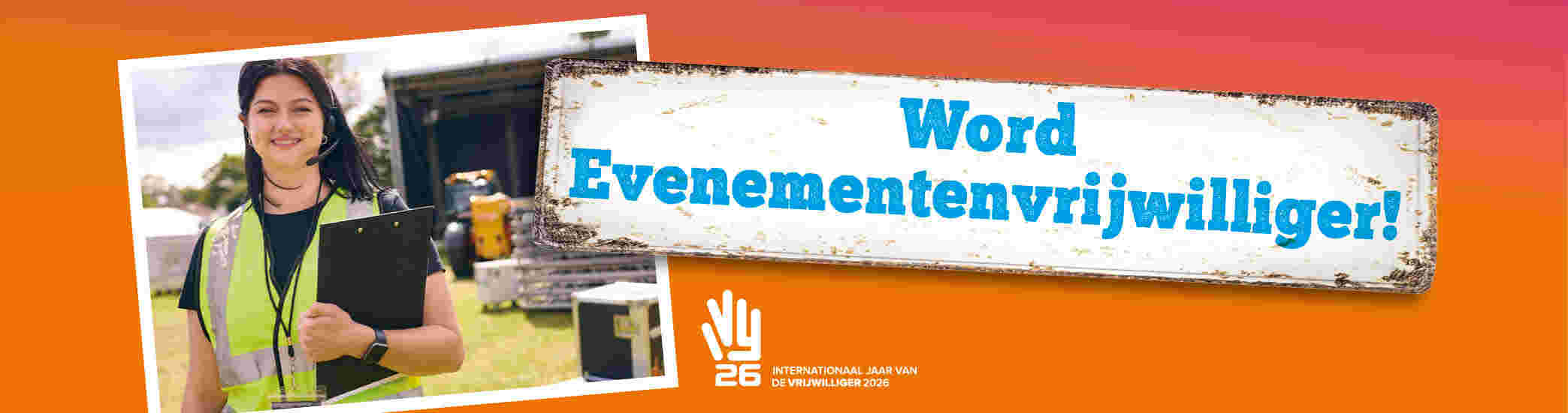 Webbanner met tekst: word evenementenvrijwilliger