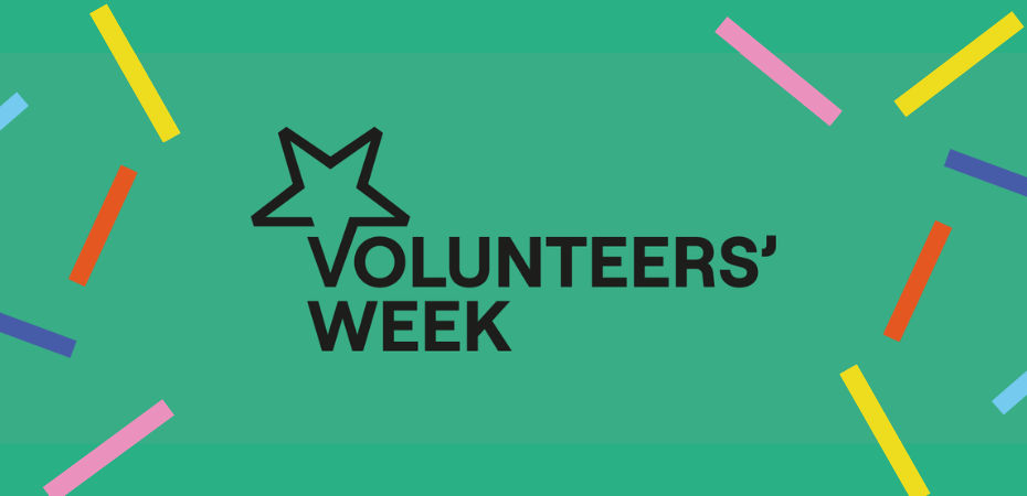 A graphic showing the Volunteers' Week logo on an aqua green background. Colourful confetti surrounds the logo.