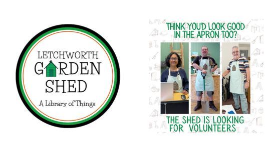 Letchworth Garden shed logo and photo of  3 volunteers