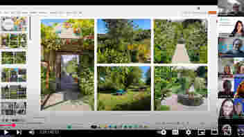 A screenshot of a Teams meeting presentation that shows a photo collage of a sunny, green walled garden with some call participants on the right hand side.