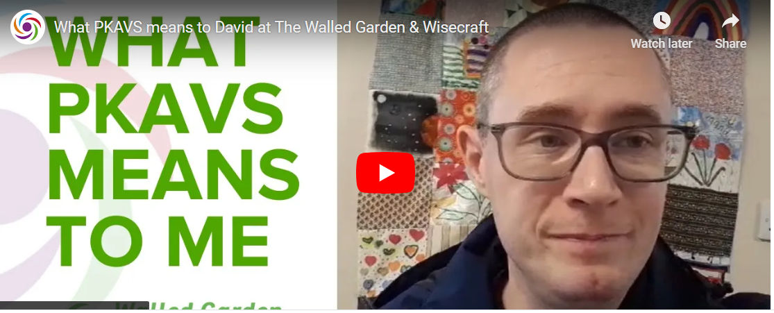 Screenshot from Youtube of green writing saying 'what PKAVS means to me' on the left and a white male wearing glasses to the right