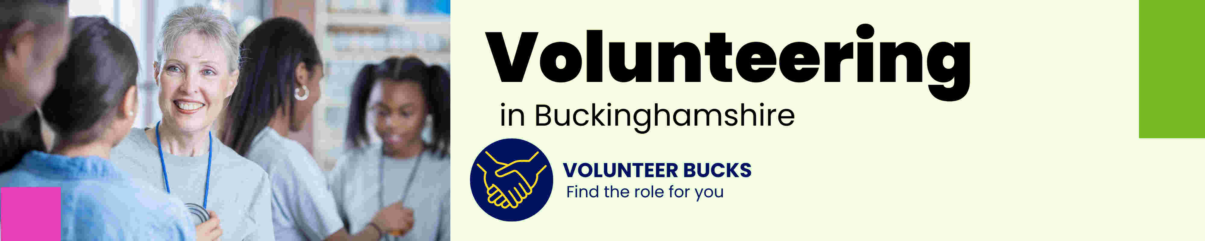 Volunteering in Buckinghamshire banner with image of a volunteer manager talking to volunteers Volunteering in Buckinghamshire - Contact us banner