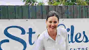 Natalie and a rescue dog at St. Giles