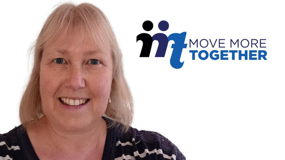 Photo of Lara next to the Move More Together logo