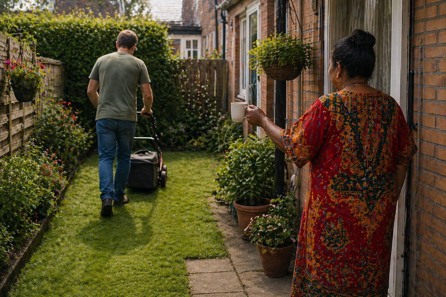 Wie helpt deze vrolijke dame met haar kleine tuin?