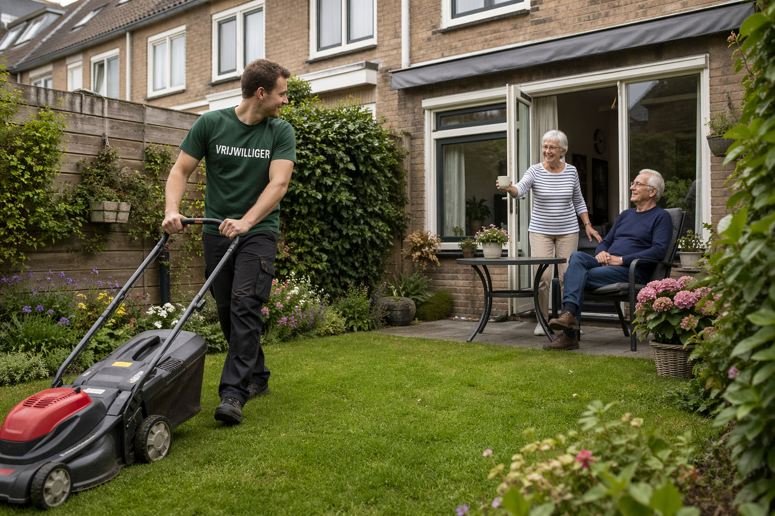 Help echtpaar met tuinonderhoud in hun eigen tuin