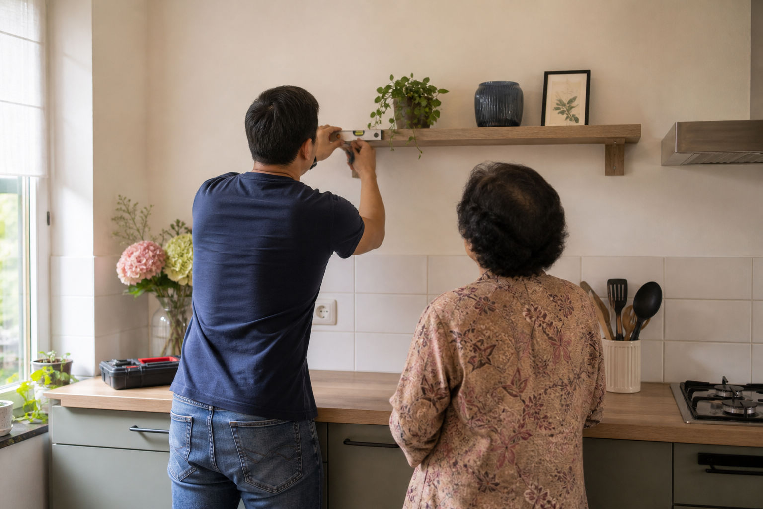 Handige hulp gezocht voor ophangen plank in keuken 🛠️