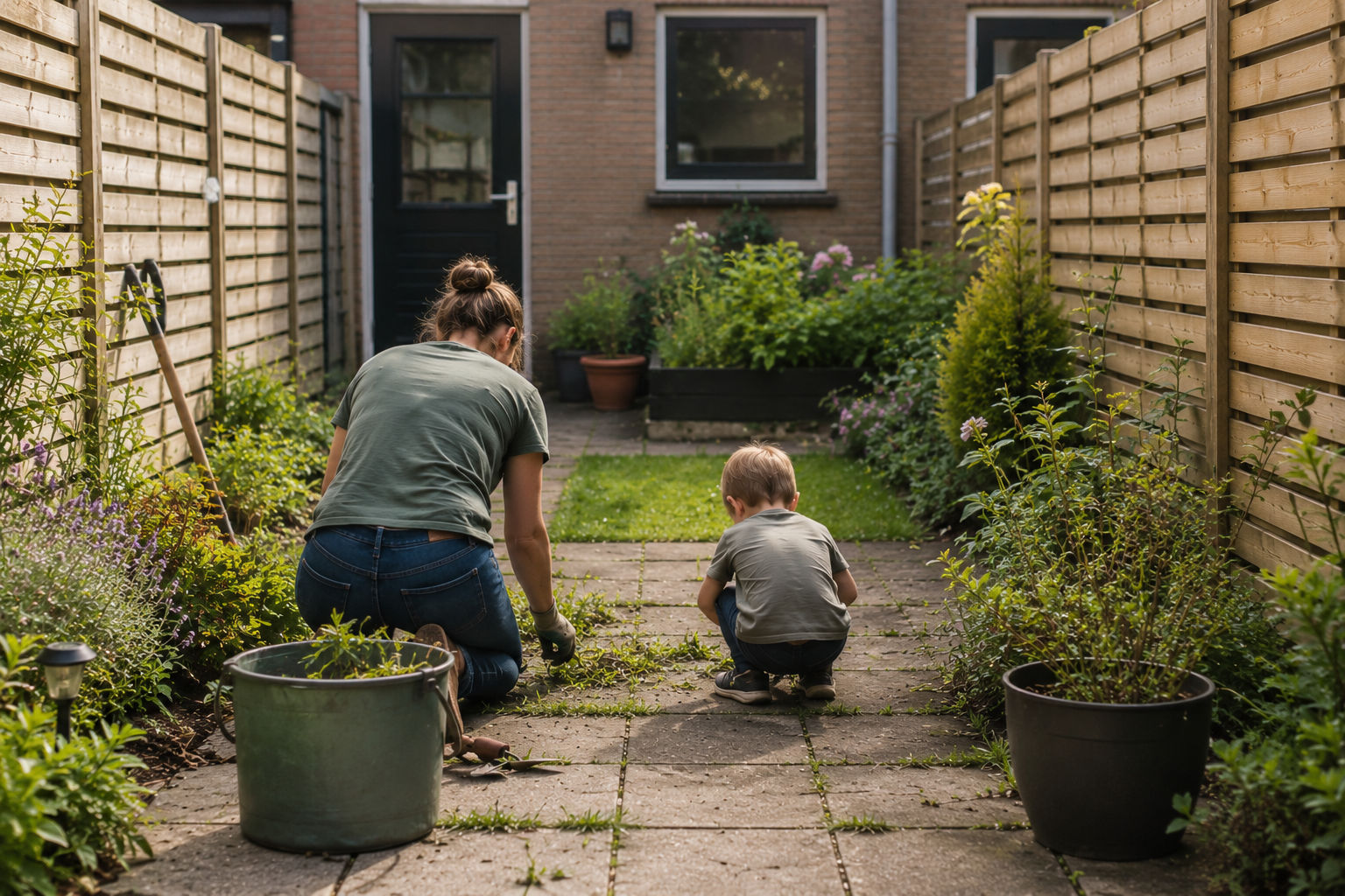 Help jij een jong gezin met het onkruid in de tuin?