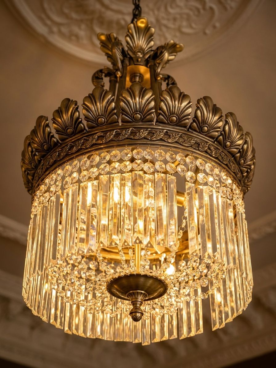 Brass Medallion Crystal Crown chandelier combining a brass frame with crystal drops