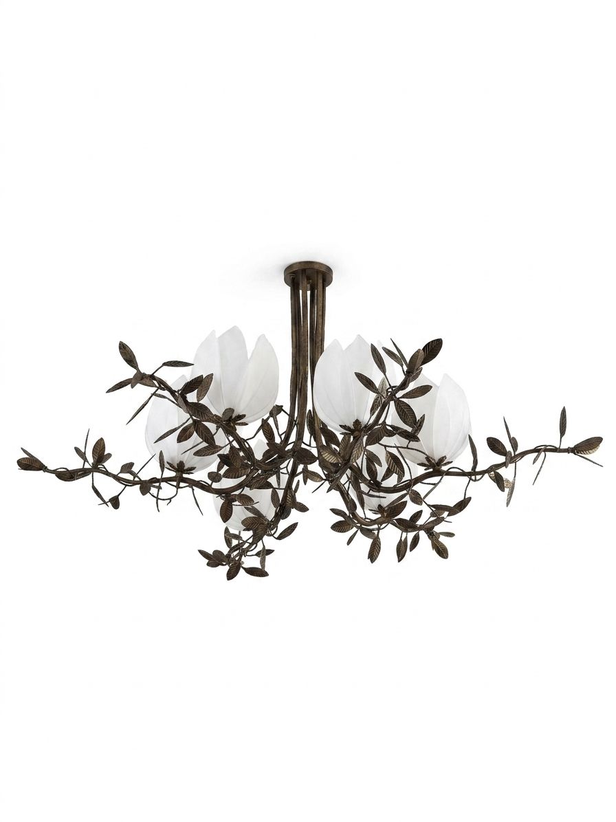 Fern Nocturne, a iron and glass and brass chandelier, studio photograph on a white background