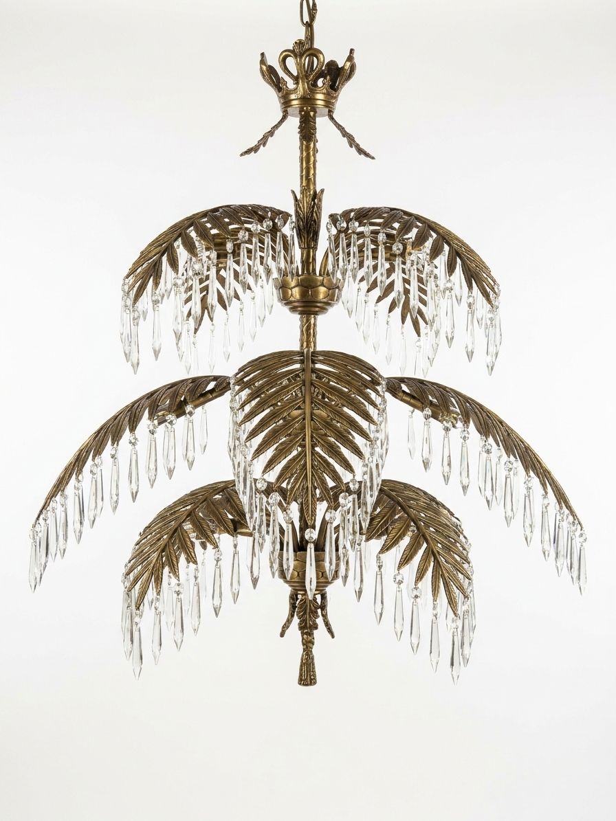Foliate Cascade, a brass and crystal chandelier, studio photograph on a white background