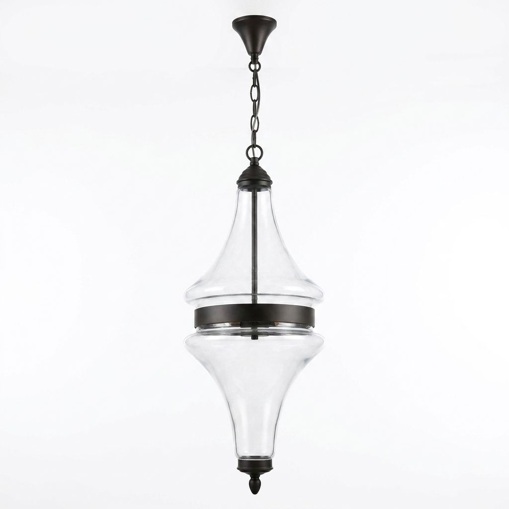 Glass Bell Pendant, a glass and iron chandelier, studio photograph on a white background