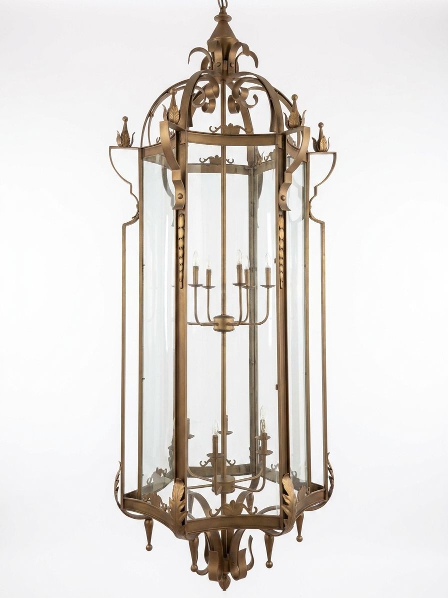 Cylinder, a brass and iron and glass chandelier, studio photograph on a white background