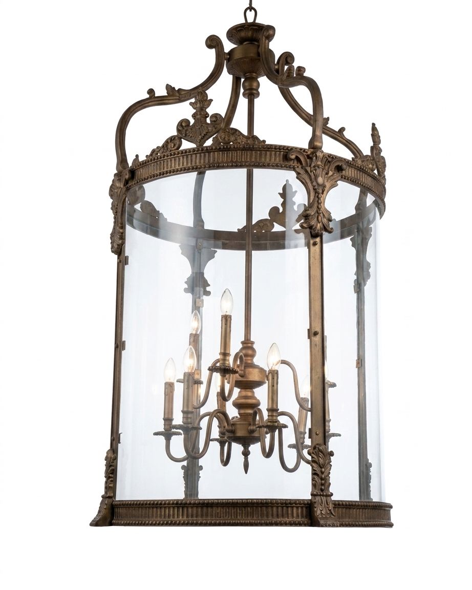 Pavilion, a brass and iron and glass chandelier, studio photograph on a white background