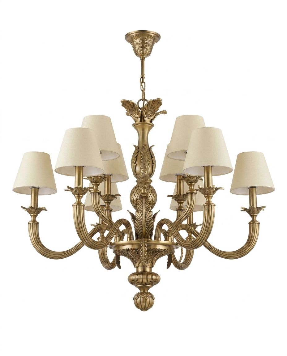 Acanthus Crown, a brass and fabric chandelier, studio photograph on a white background