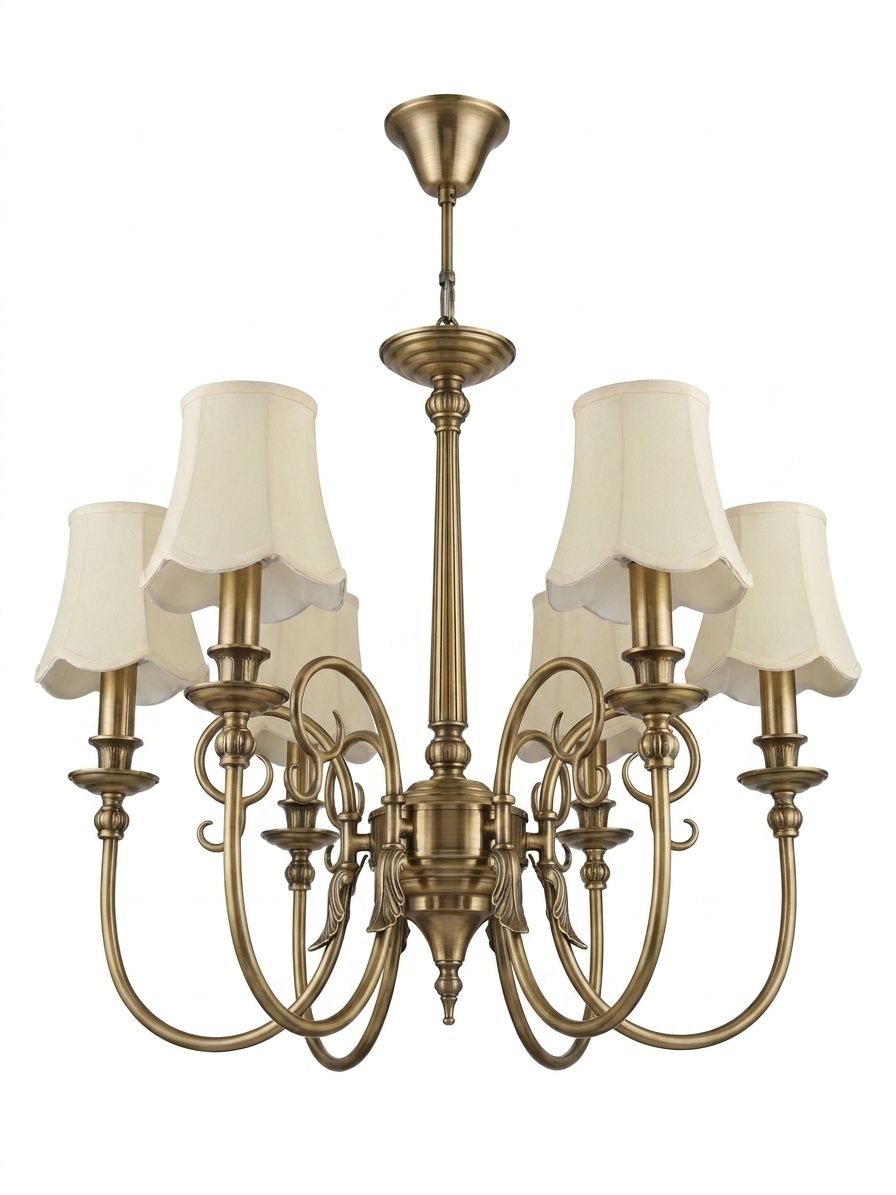 Curved Linen, a brass and fabric chandelier, studio photograph on a white background