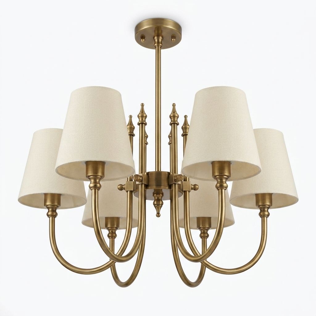 Drum Luminaire, a brass and fabric chandelier, studio photograph on a white background