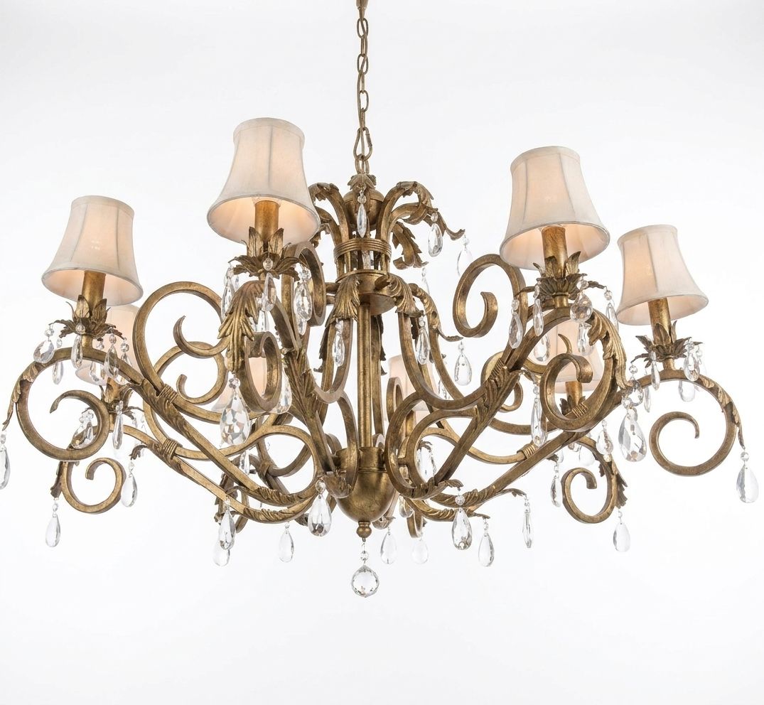 Frosted Scroll, a brass and fabric and crystal chandelier, studio photograph on a white background