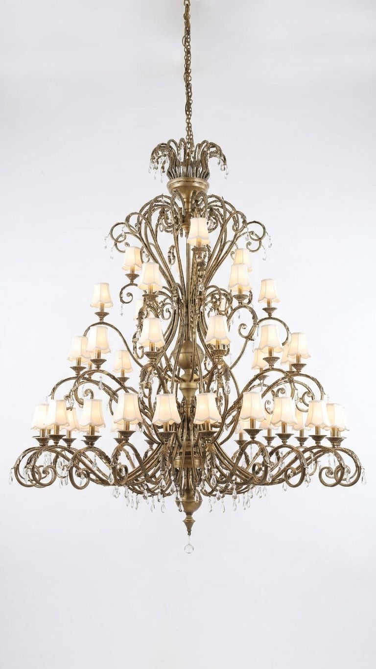 Gilt Ornament, a brass and fabric and crystal chandelier, studio photograph on a white background