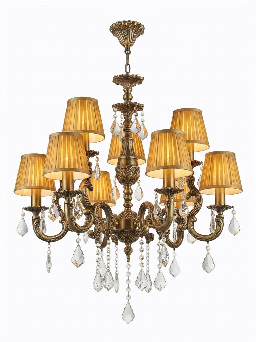 Gilt Plume, a brass and fabric and crystal chandelier, studio photograph on a white background