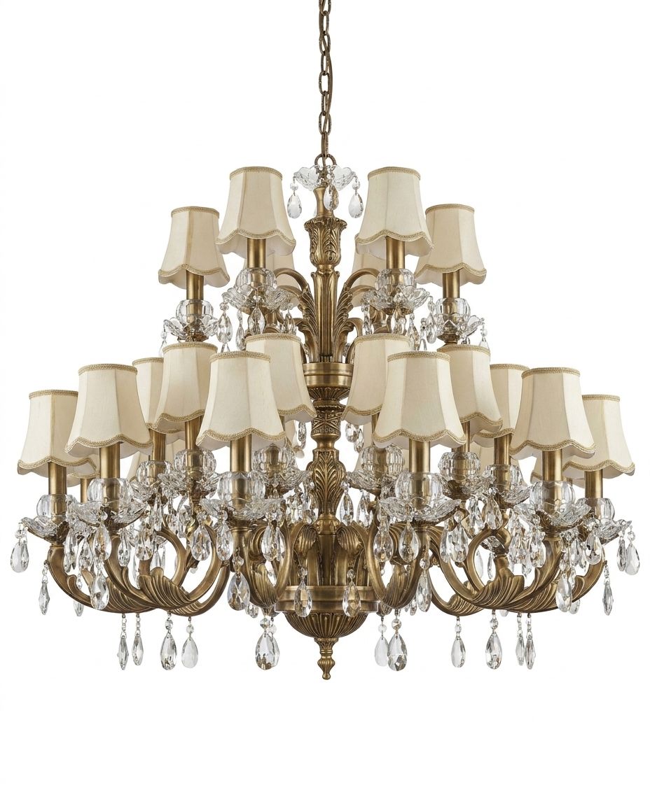 Ivory Descent, a brass and fabric and crystal chandelier, studio photograph on a white background