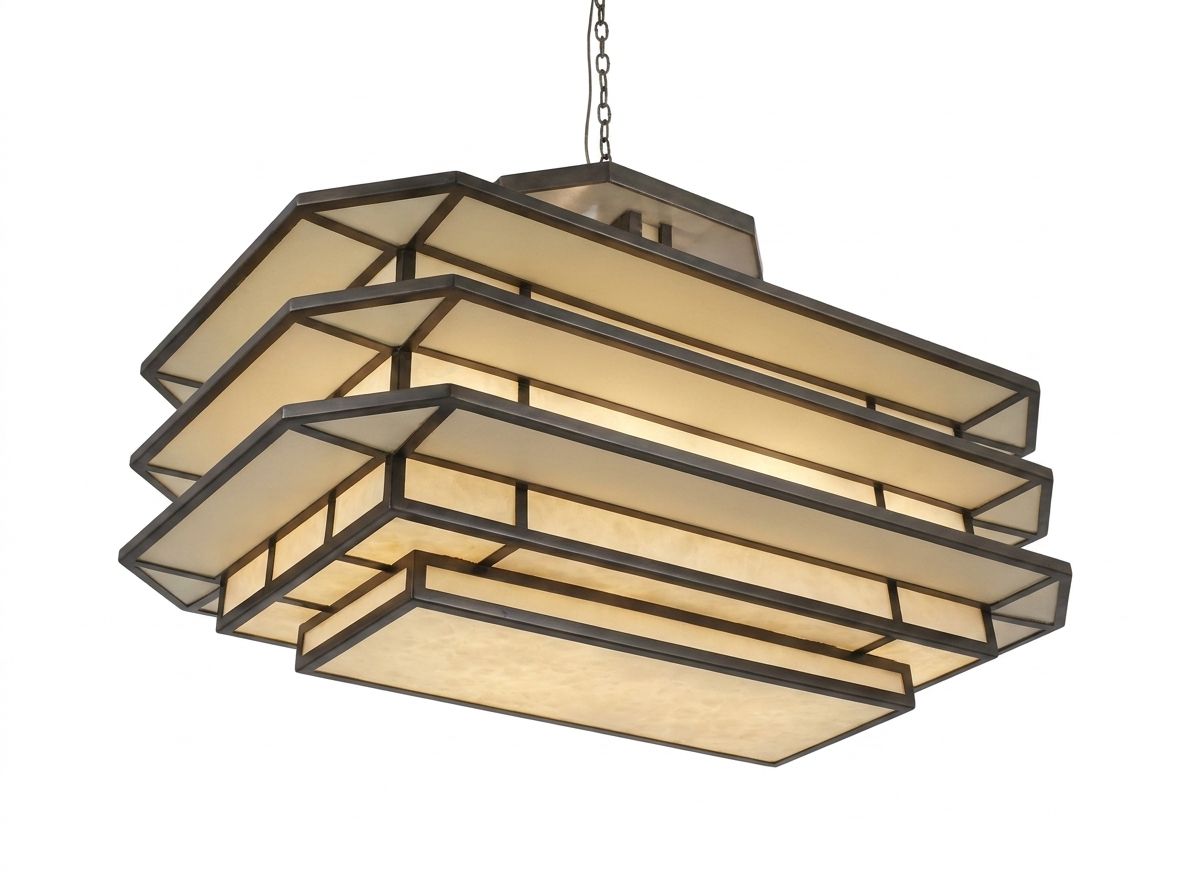 Hexagon Cascade Rectangular, a iron and fabric chandelier, studio photograph on a white background