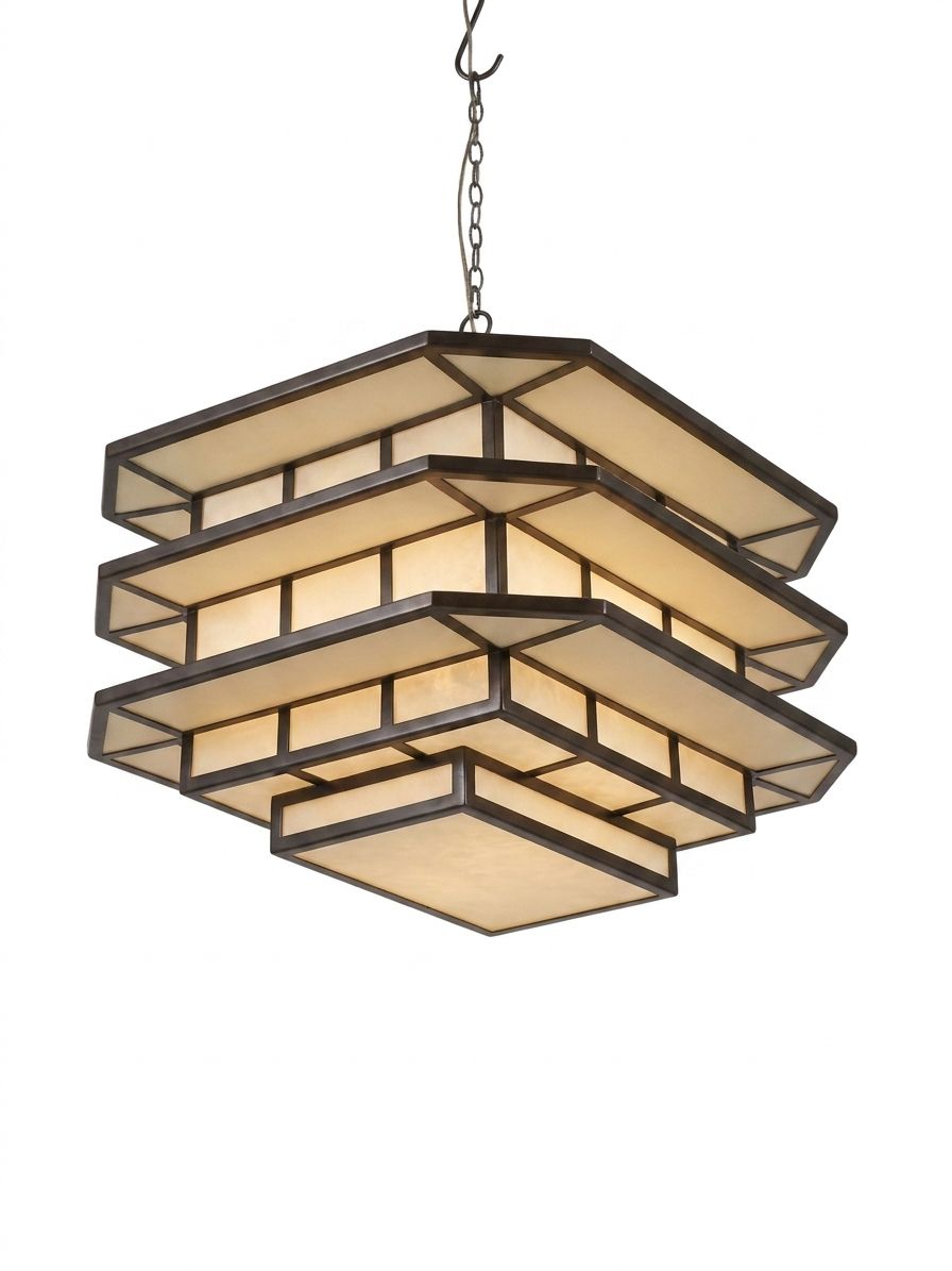 Hexagon Cascade Square, a iron and fabric chandelier, studio photograph on a white background