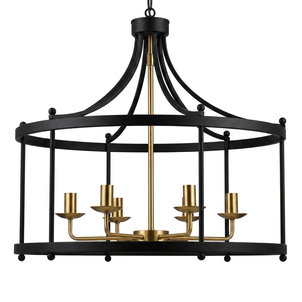 Cage, a iron and brass chandelier, studio photograph on a white background