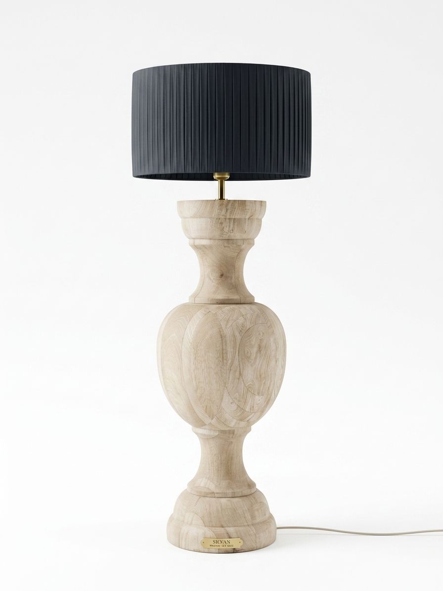Carved Wood Baluster Floor Lamp, a wood and fabric floor lamp, studio photograph on a white background