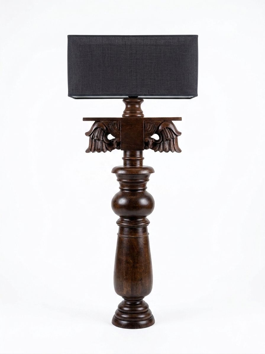 Carved Wood Column Floor Lamp (Short), a wood and fabric and brass floor lamp, studio photograph on a white background