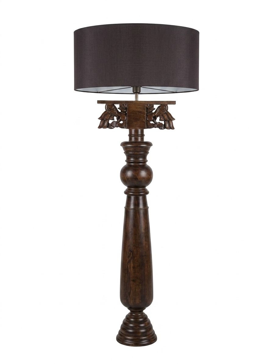Carved Wood Column Floor Lamp, a wood and fabric and brass floor lamp, studio photograph on a white background