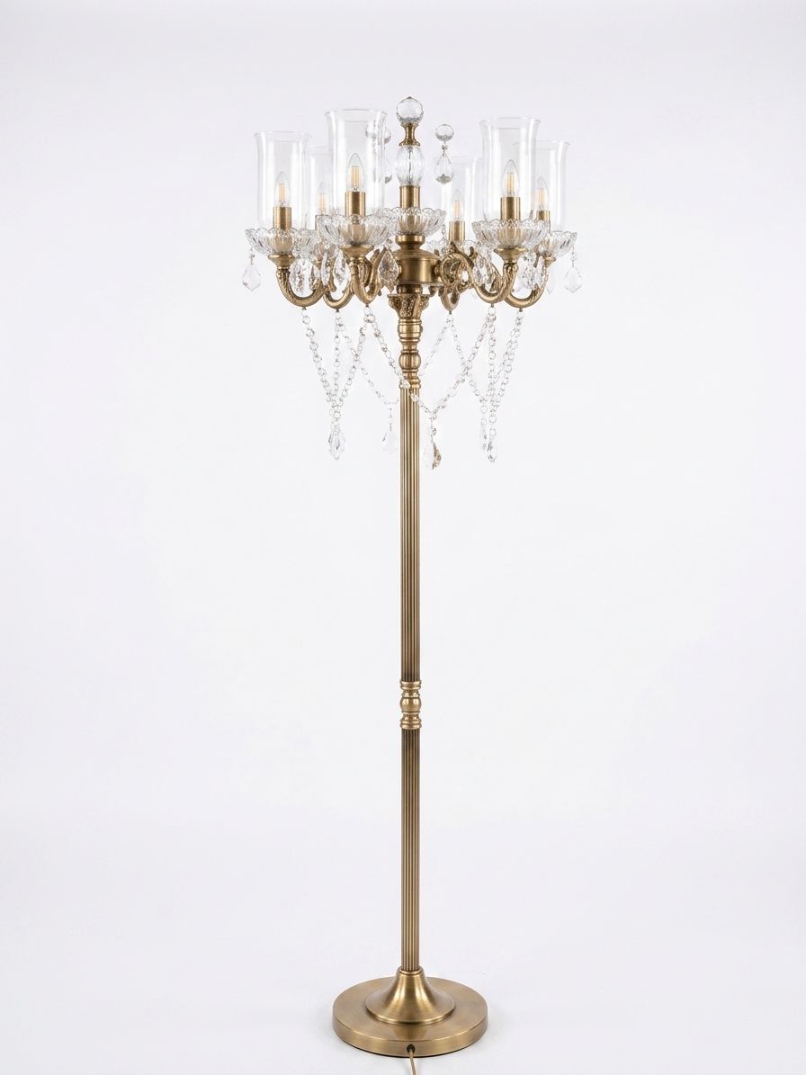 Crystal Candelabra Floor Lamp, a brass and crystal floor lamp, studio photograph on a white background
