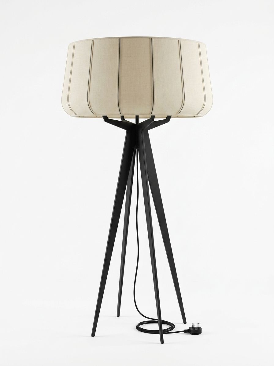 Tripod Drum Floor Lamp, a iron and fabric floor lamp, studio photograph on a white background