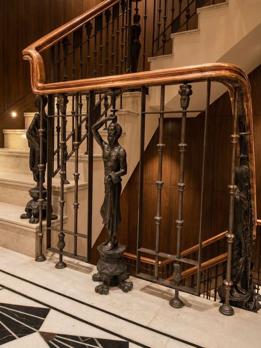 Wrought iron railing with bronze sculptures