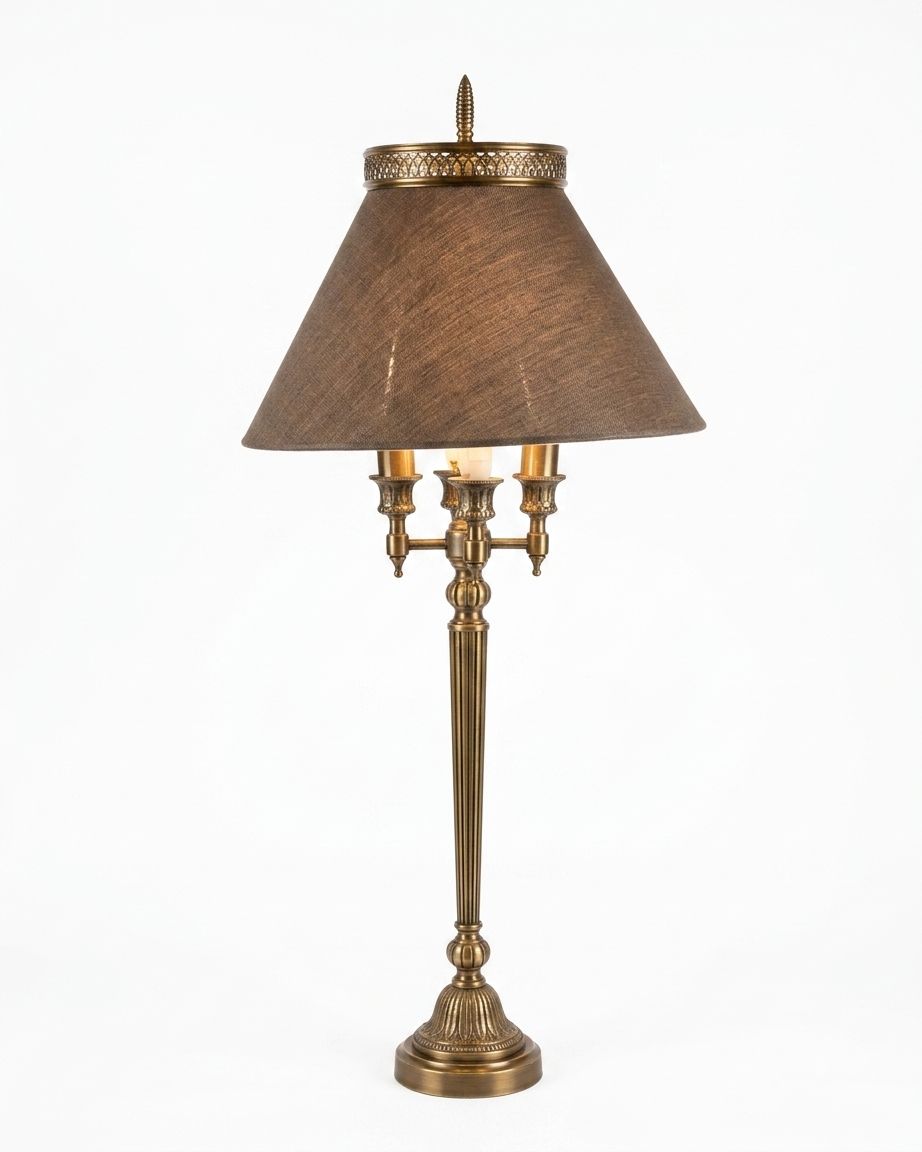 Brass Candelabra Bouillotte Table Lamp, a brass and fabric table lamp, studio photograph on a white background