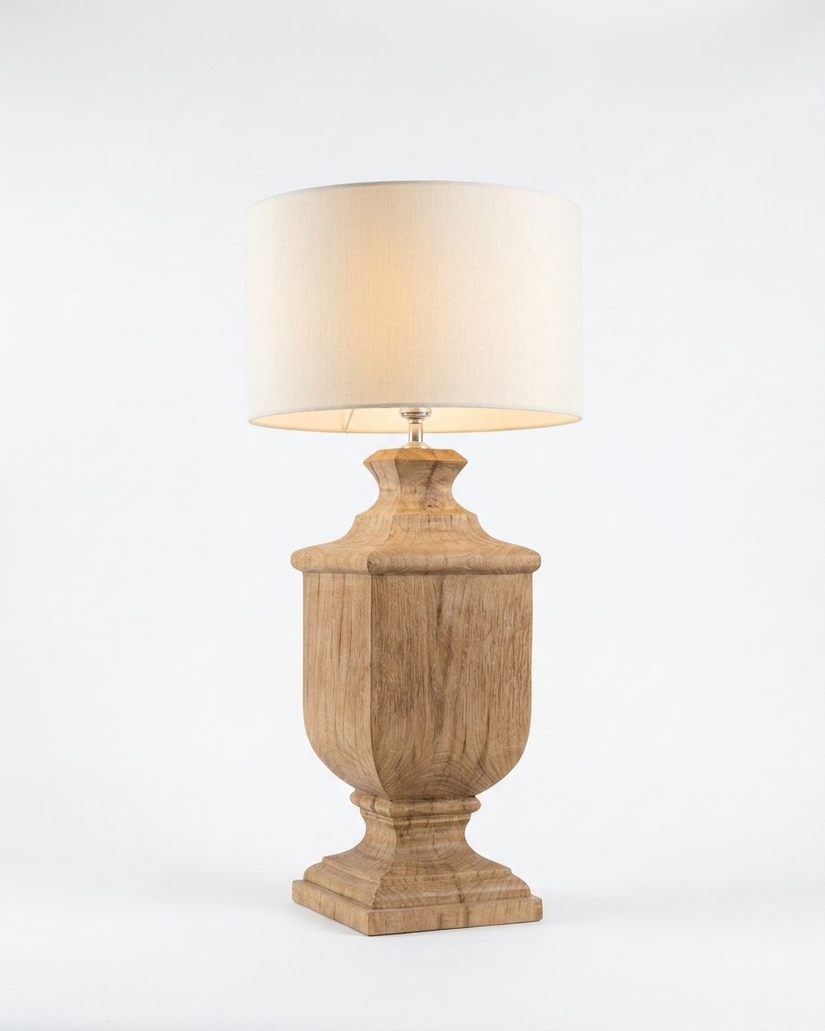 Carved Wood Urn Table Lamp, a wood and fabric table lamp, studio photograph on a white background