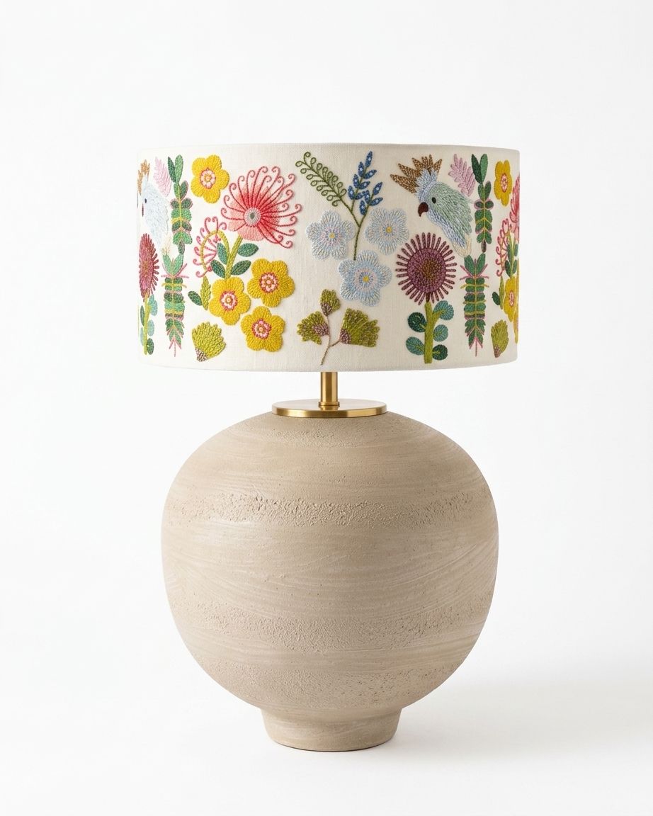 Ceramic Sphere Floral Drum Lamp, a ceramic and fabric and brass table lamp, studio photograph on a white background