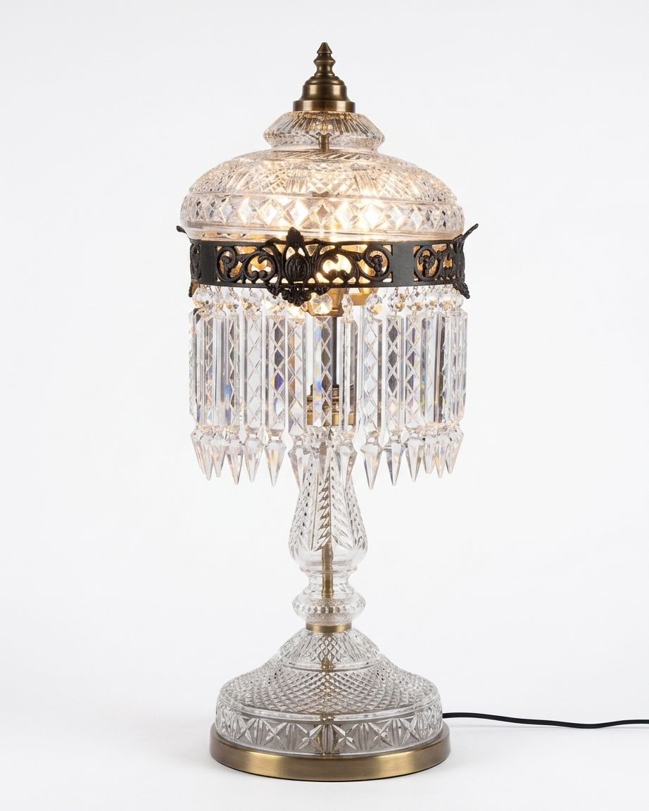 Cut Crystal Chandelier Table Lamp, a crystal and brass and iron table lamp, studio photograph on a white background
