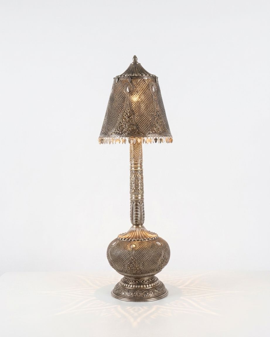Moroccan Filigree Brass Table Lamp, a brass and metal table lamp, studio photograph on a white background