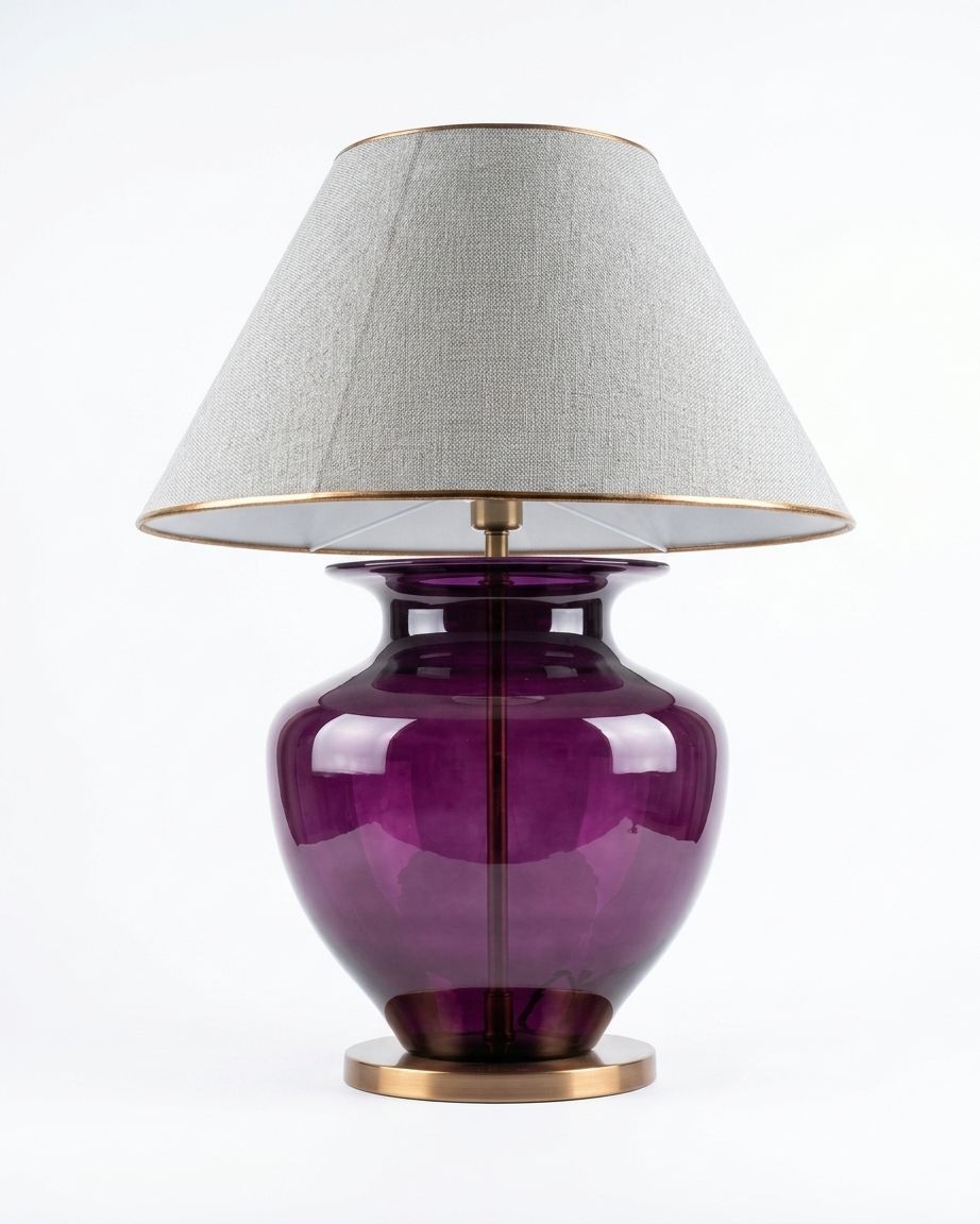 Purple Glass Urn Table Lamp, a glass and fabric and brass table lamp, studio photograph on a white background