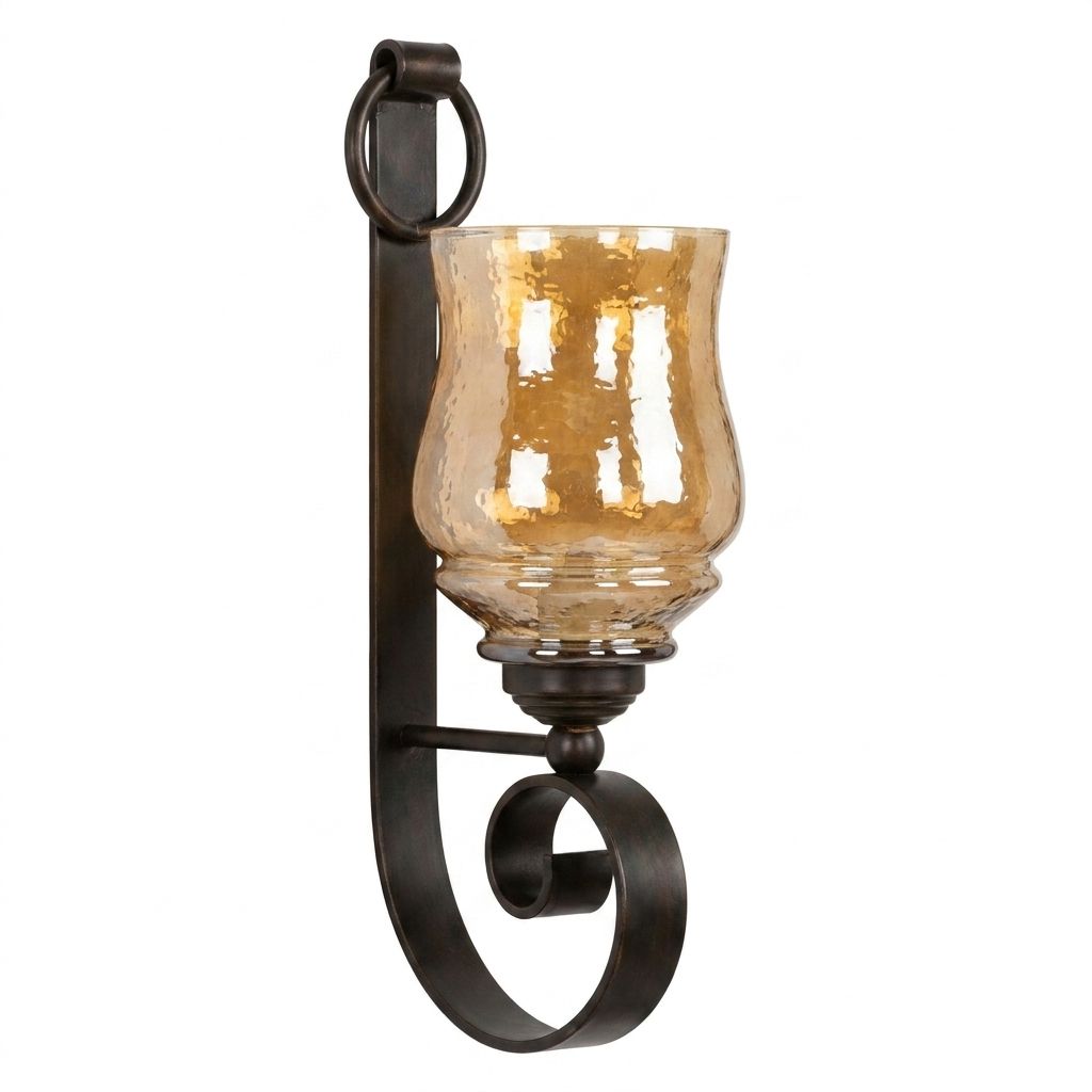 Amber Hurricane Scroll Sconce, a iron and glass wall light, studio photograph on a white background