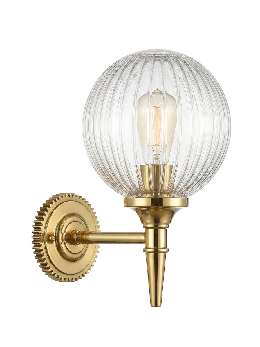 Brass Ribbed Globe Sconce, a brass and glass wall light, studio photograph on a white background