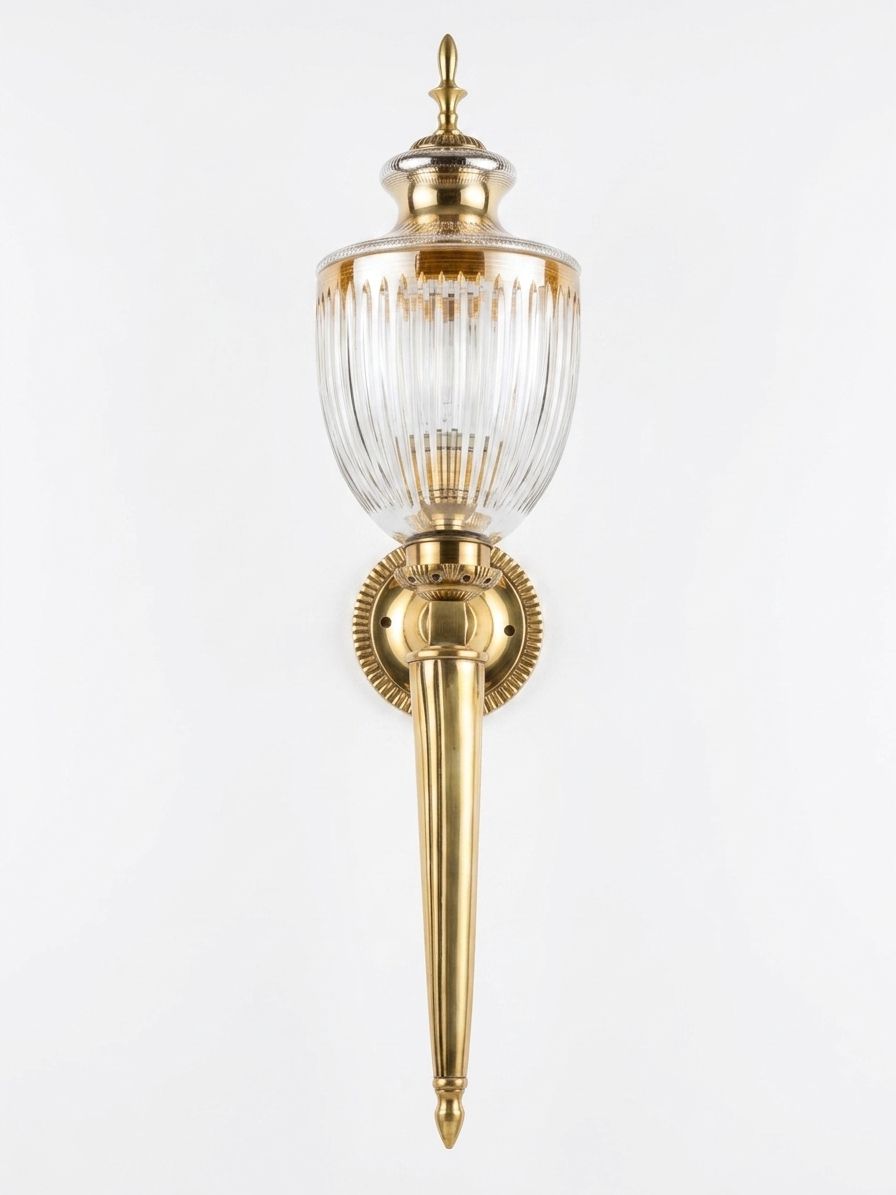 Brushed Brass Modern Torch, a brass wall light, studio photograph on a white background