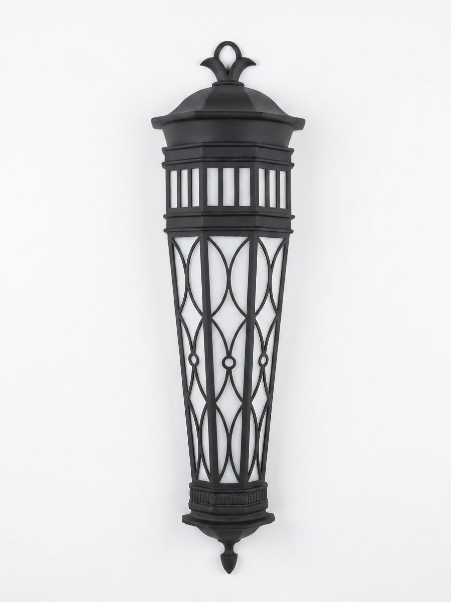 Gothic Lattice Outdoor Sconce, a iron and glass wall light, studio photograph on a white background