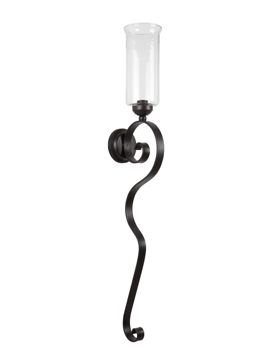 Outdoor Torch Hurricane Sconce, a iron and glass wall light, studio photograph on a white background
