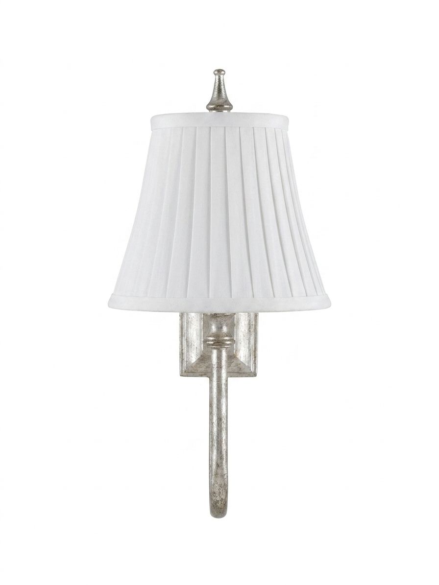 Pleated Bell Silver Sconce, a iron and fabric wall light, studio photograph on a white background