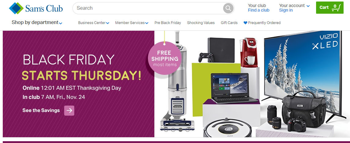 A creative showing Black Friday Deals on the home page of Sam’s Club