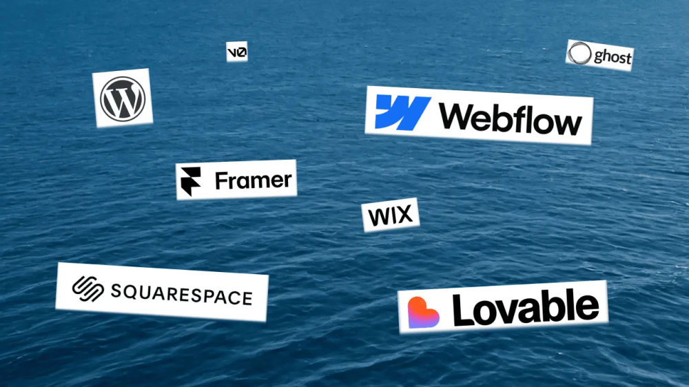 Sea of website builders: WordPress, Blogspot, Wix, Squarespace, Webflow, Framer, Lovable, v0, Ghost