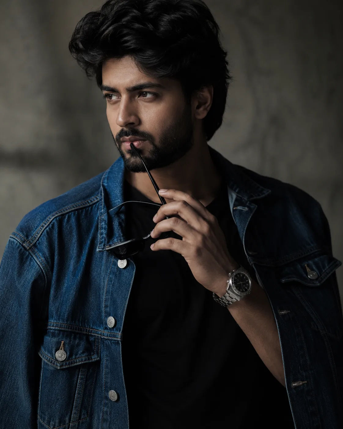 Confident Fashion Model Portrait with Denim Jacket and Sunglasses