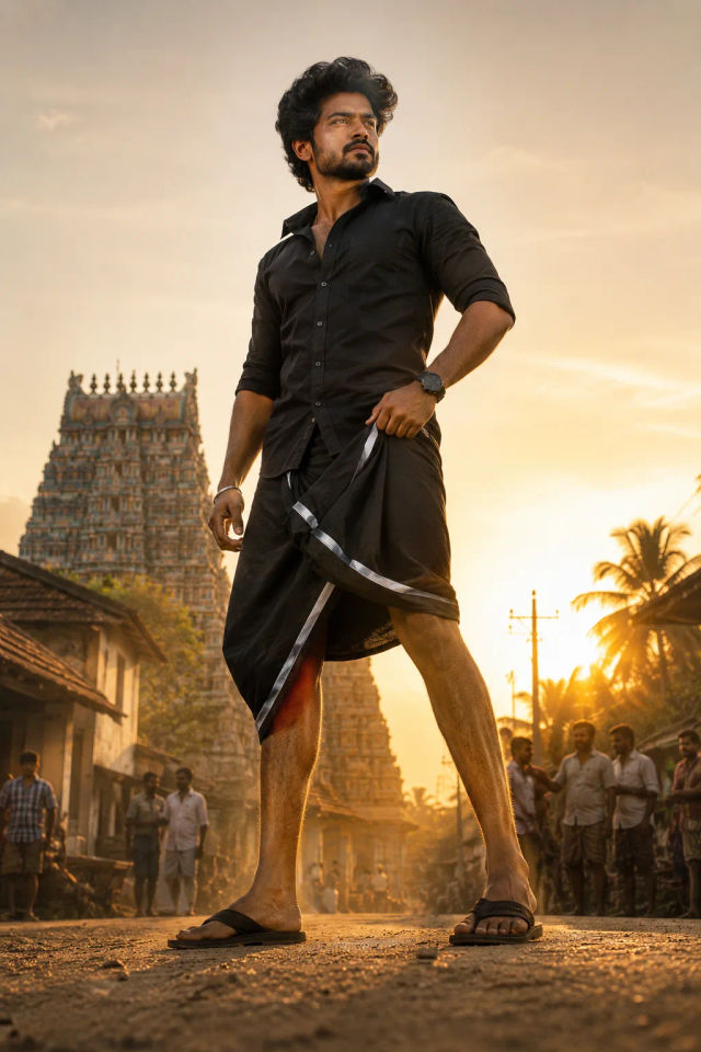 South Indian Mass Hero in Black Veshti — Gemini prompt | pineprompts.com